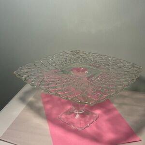 Vintage LE Smith Trellis Clear Glass Square Pedestal Cake Stand